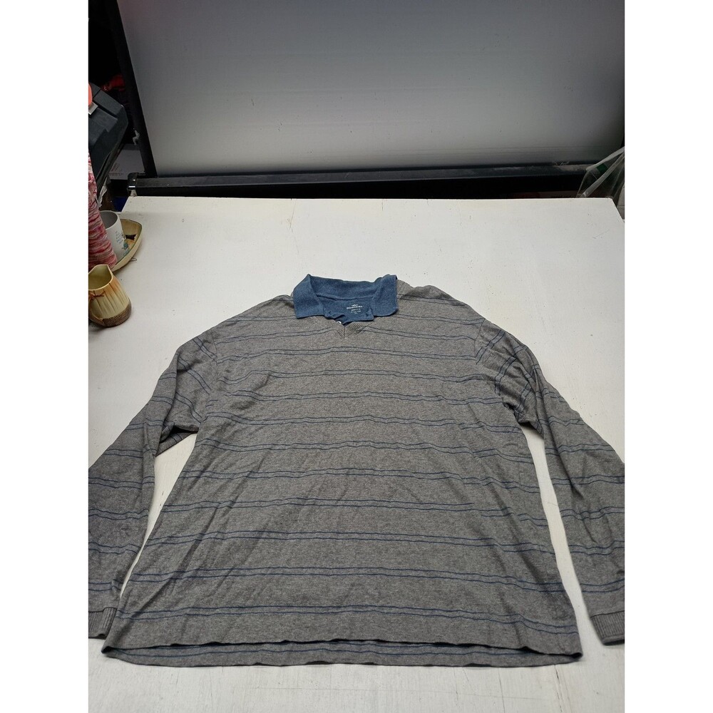 Dockers Polo Shirt Size XL Men 100% Cotton Gray With Blue Stripes Long Sleeves